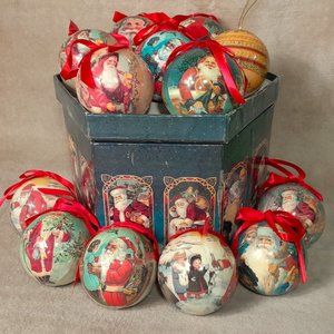 Twelve Antique Santas Paper Mache Christmas Ornaments 1995 With Box